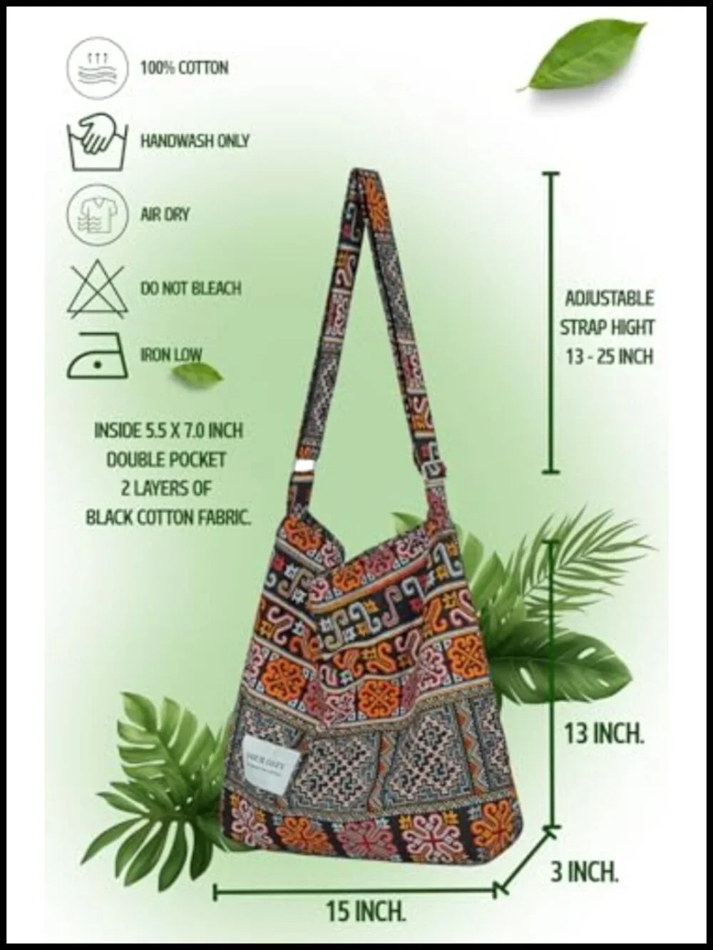 Large Cotton Hobo Crossbody Bag, Adjustable Strap, Casual Boho Purse